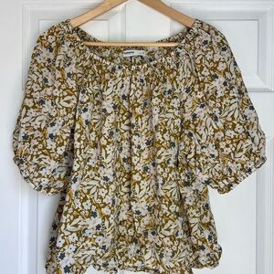 Sonoma Brown and Tan Smocked Blouse with Ruffled Sleeves